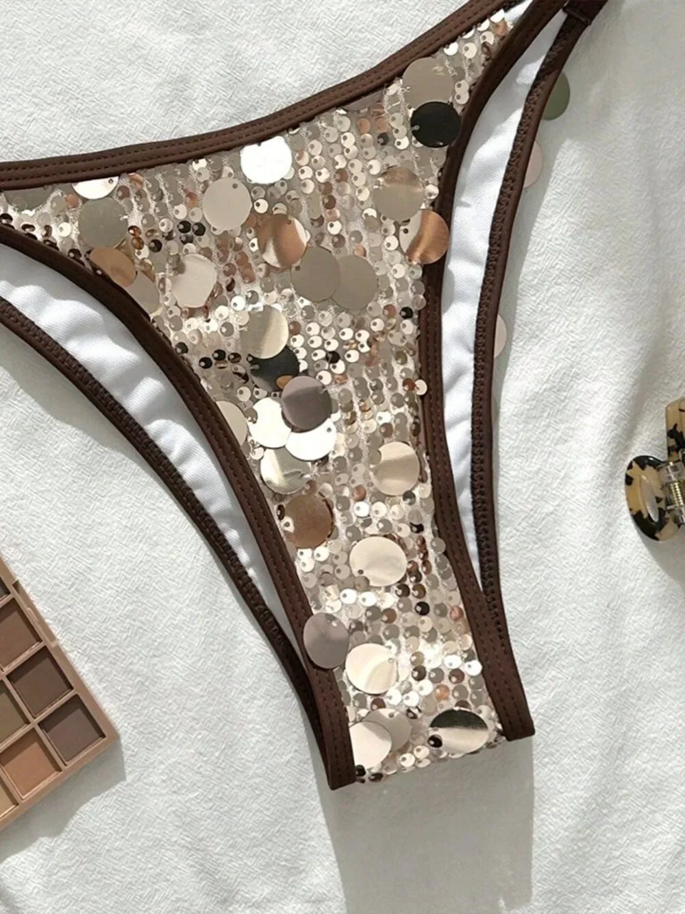 Champagne Elegant Women's Sequin Halter Bikini Top & Tie-Side Bottoms Set
